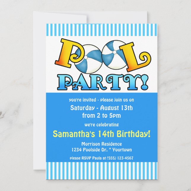Invitación de cumpleaños para fiesta en la piscina (Anverso)