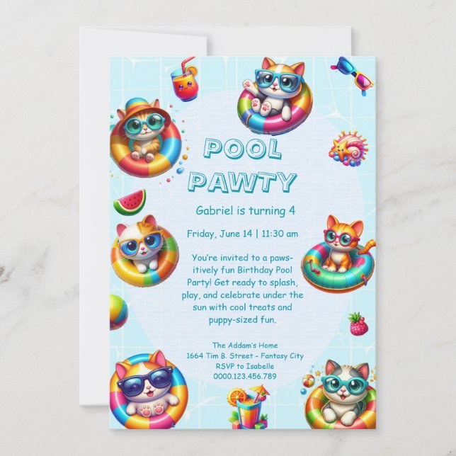 Invitación de cumpleaños para fiesta en la piscina (Anverso)