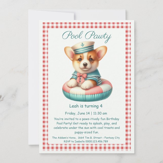 Invitación de cumpleaños para fiesta en piscina co (Anverso)