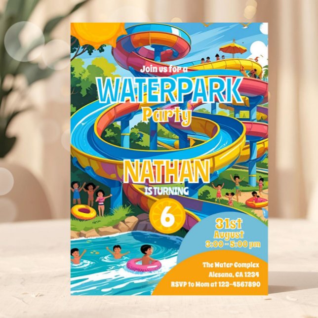 Invitación de cumpleaños para fiesta en piscina de (Water Park Party Invitation, Summer Pool Party, Waterslide Birthday Party pool party, kids pool part)