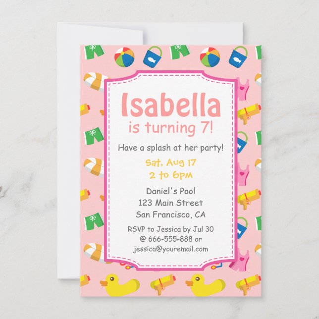 Invitación de Cumpleaños para Fiesta en Piscina Ki (Anverso)