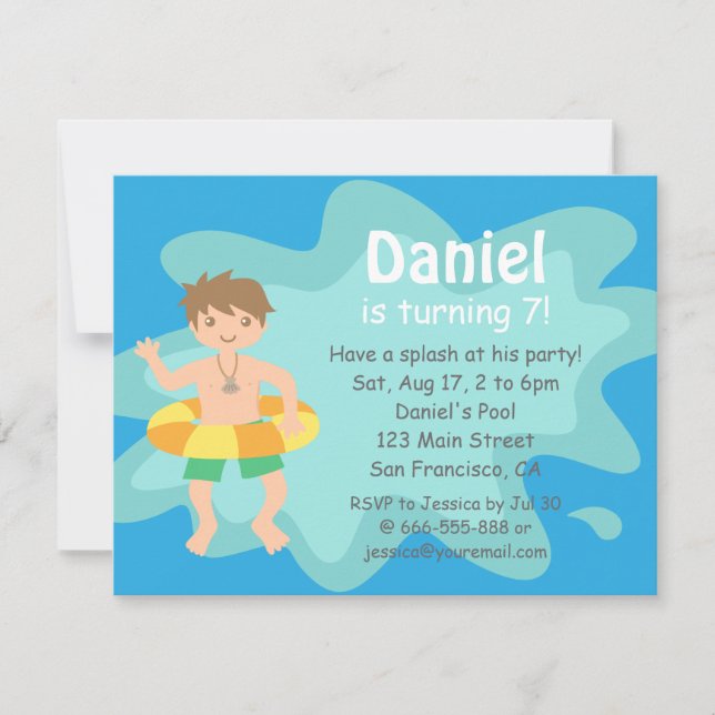 Invitación de Cumpleaños para Fiesta en Piscina Ki (Anverso)
