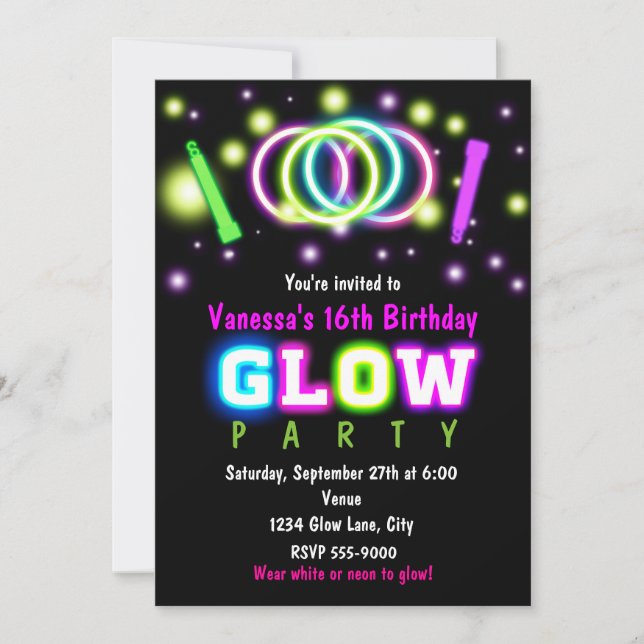 Invitación de cumpleaños para fiesta Glow con luz  (Anverso)