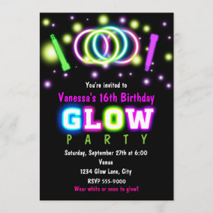 Invitación de cumpleaños para fiesta Glow con luz 