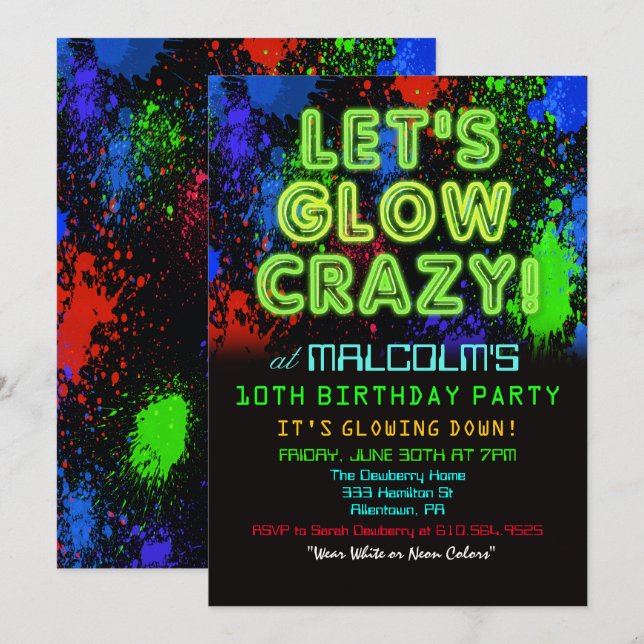 Invitación de cumpleaños para fiesta Glow para cua (Anverso / Reverso)