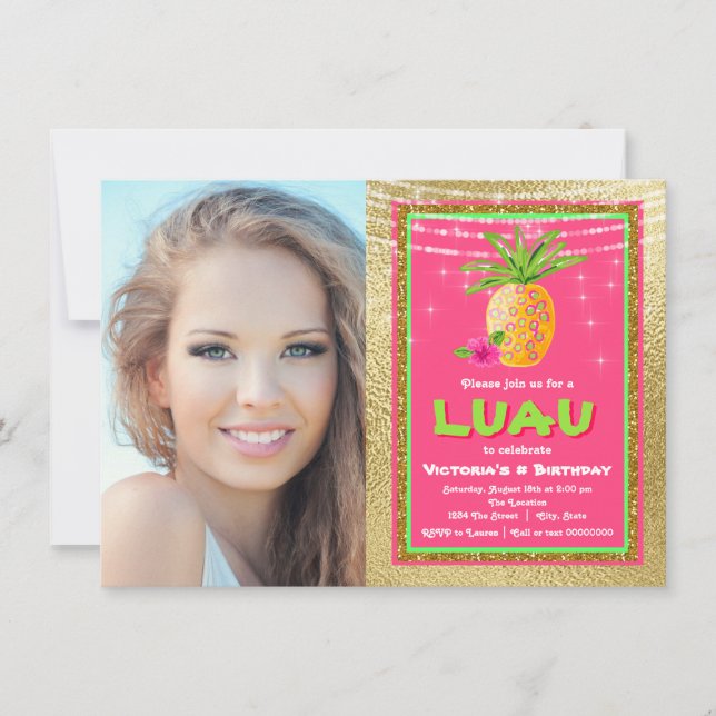 Invitación de cumpleaños para fiesta hawaiana trop (Anverso)