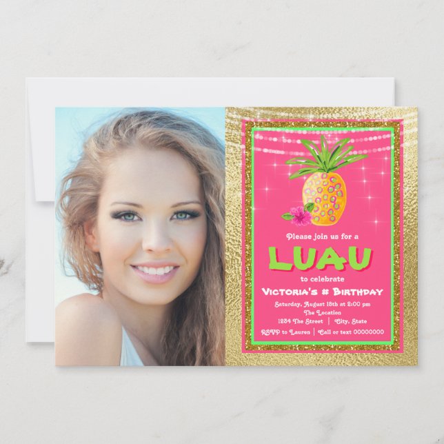 Invitación de cumpleaños para fiesta hawaiana trop (Anverso)