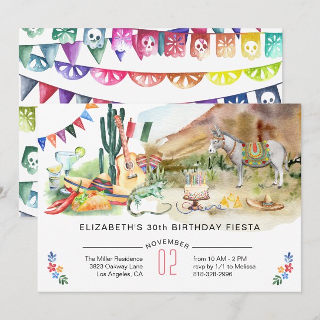 Invitación de cumpleaños para fiesta mexicana (Anverso / Reverso)