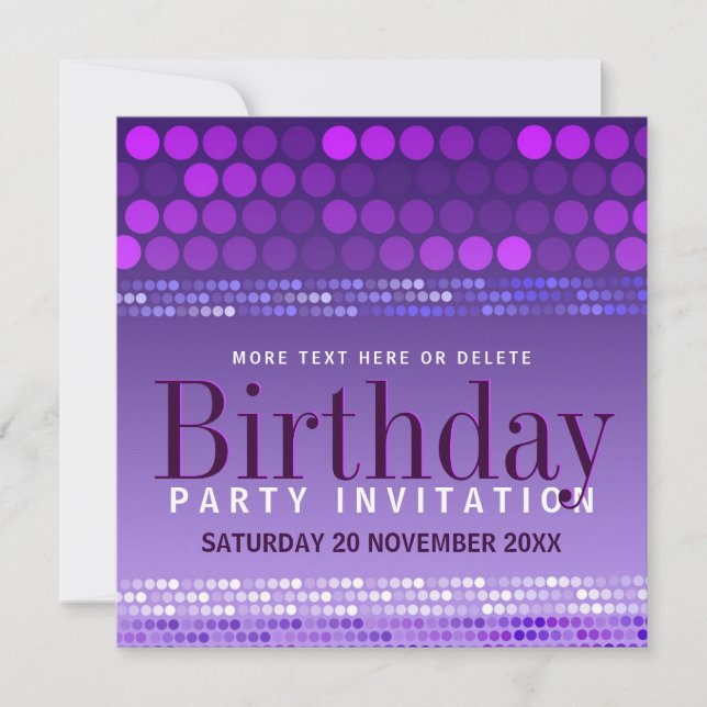 Invitación de cumpleaños para fiesta morada rosa f (Anverso)