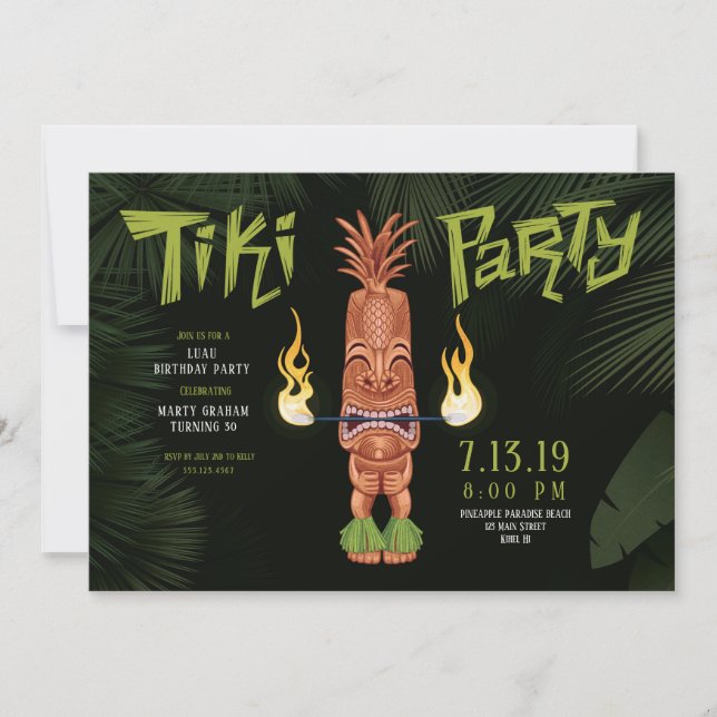 Invitación de cumpleaños para fiesta nocturna Tiki (Anverso)