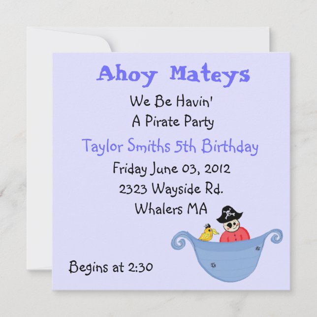 Invitación de cumpleaños para fiesta pirata (Anverso)