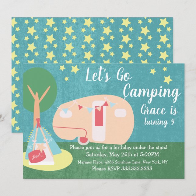 Invitación de cumpleaños para fiesta retro de camp (Anverso / Reverso)