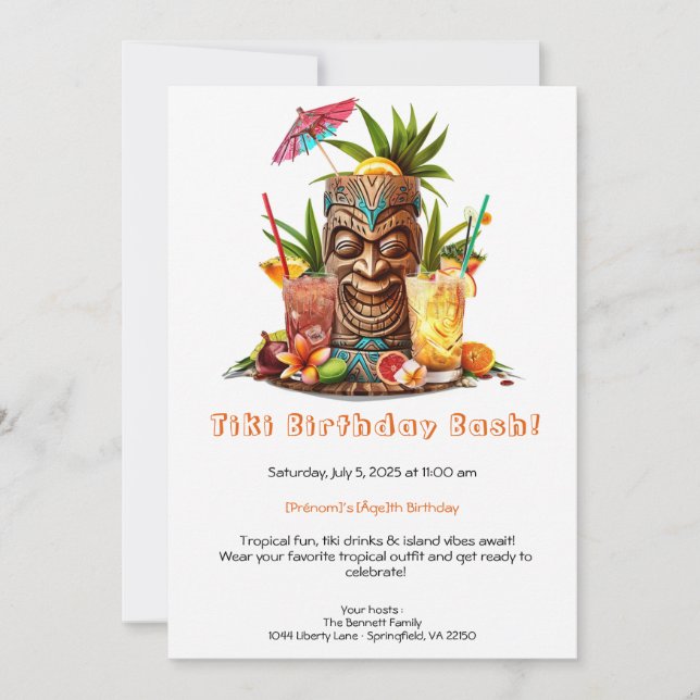 Invitación de cumpleaños para fiesta Tiki – Luau t (Anverso)