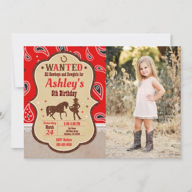 Invitación de cumpleaños para fiesta western de va (Anverso)