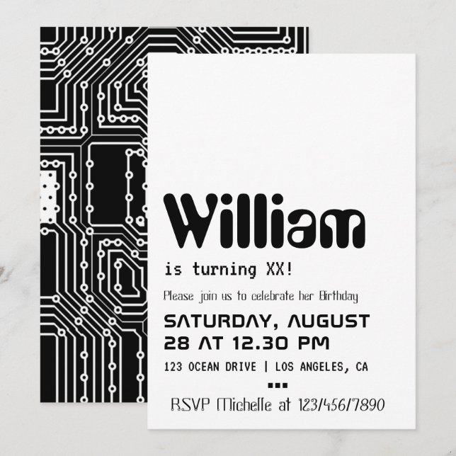 Invitación de cumpleaños para friki de la computad (Anverso / Reverso)
