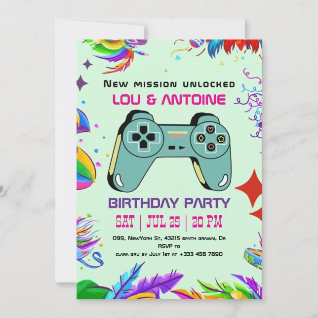 Invitación de Cumpleaños para Gamer (Anverso)