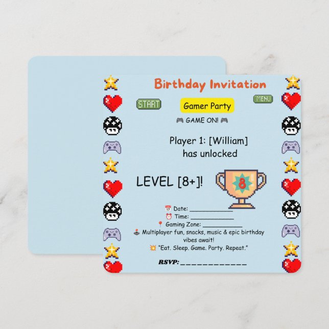 Invitación de cumpleaños para gamer - Videojuego r (Anverso / Reverso)