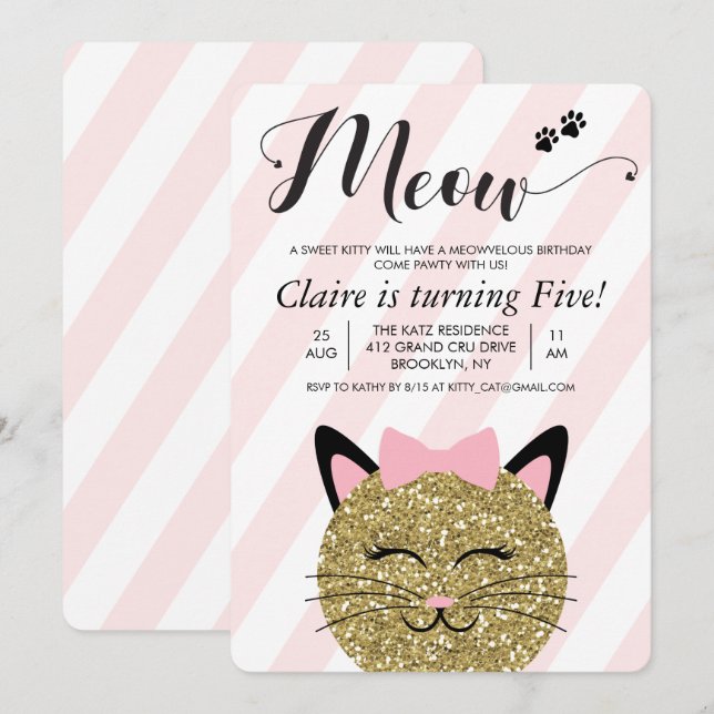 Invitación de cumpleaños para gatito gato de cualq (Anverso / Reverso)