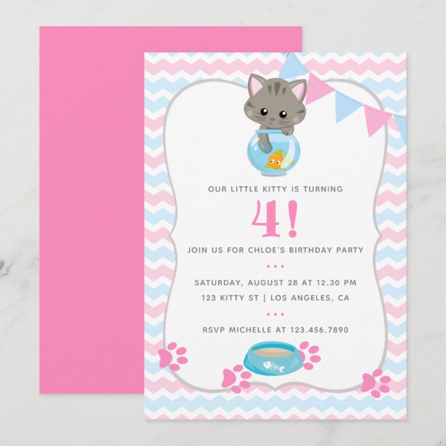 Invitación de cumpleaños para gato o gatito de cua (Anverso / Reverso)