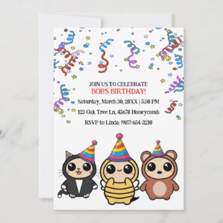 Invitación de cumpleaños para gatos, abejas y osit