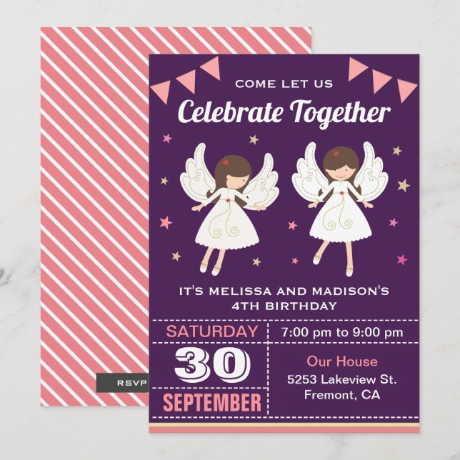 Invitación de cumpleaños para gemelas hadas lindas (Anverso / Reverso)