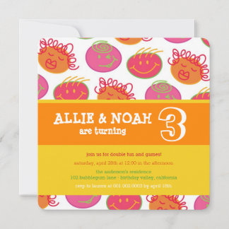 Invitación de cumpleaños para gemelos con cara de