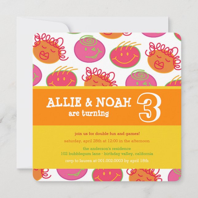 Invitación de cumpleaños para gemelos con cara de  (Anverso)