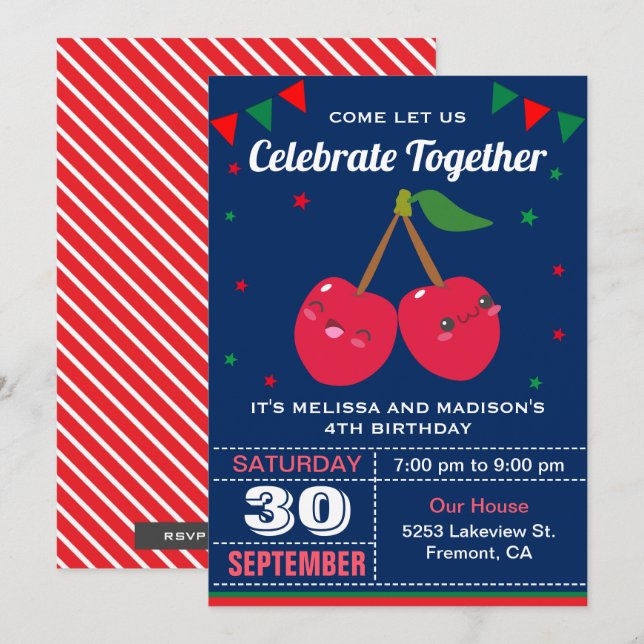 Invitación de cumpleaños para gemelos con cerezas  (Anverso / Reverso)