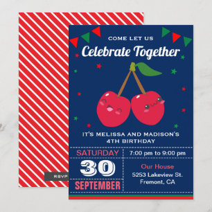 Invitación de cumpleaños para gemelos con cerezas 