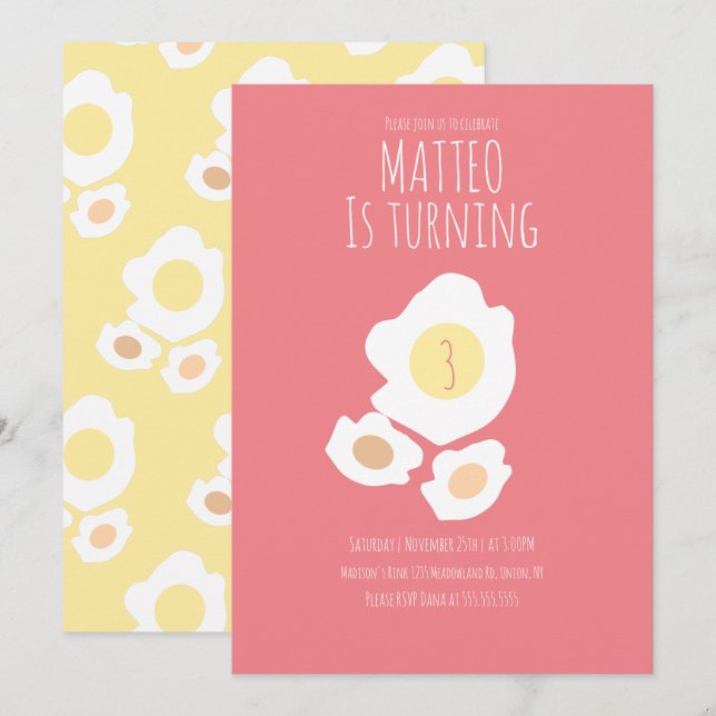 Invitación de cumpleaños para girar huevo frito tr (Anverso / Reverso)