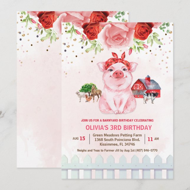 Invitación de cumpleaños para granja de animales p (Anverso / Reverso)
