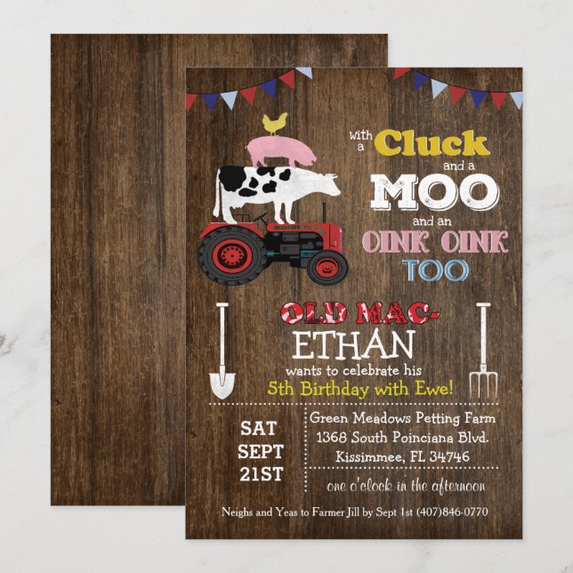 Invitación de cumpleaños para granja de animales p (Anverso / Reverso)