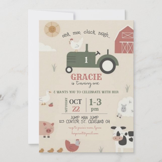 Invitación de cumpleaños para granja y animales (Anverso)