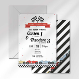 Invitación de cumpleaños para hermanos con coche d