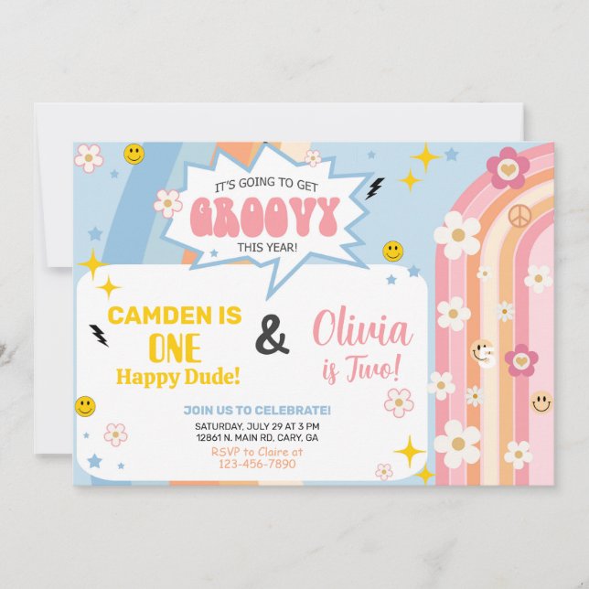 Invitación de cumpleaños para hermanos GROOVY niño (Anverso)