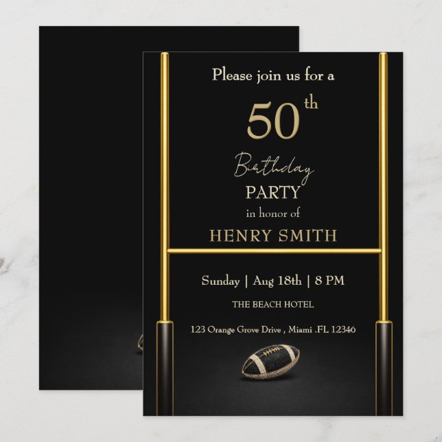 Invitación de cumpleaños para hombre en negro y do (Anverso / Reverso)