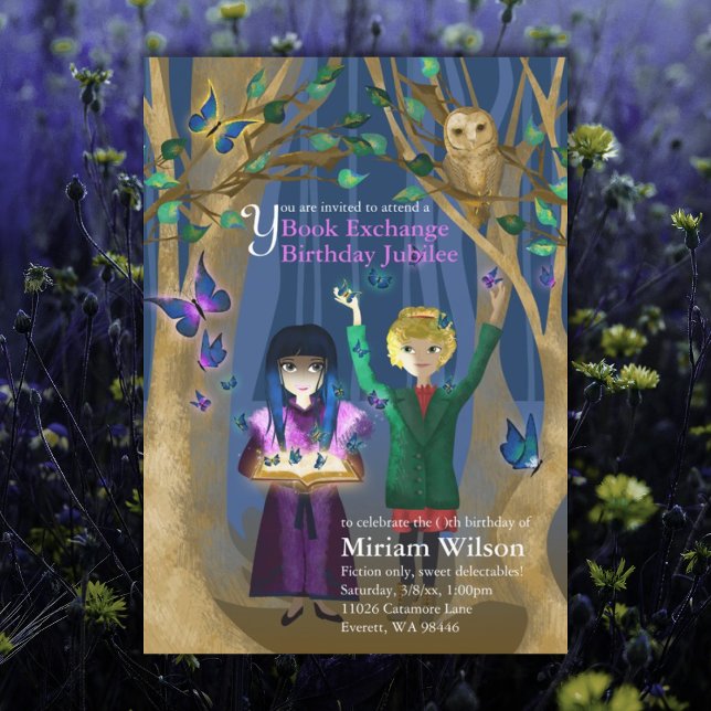 Invitación de cumpleaños para intercambio de libro (purple blue book exchange book swap birthday party unique birthday invitation for girl)