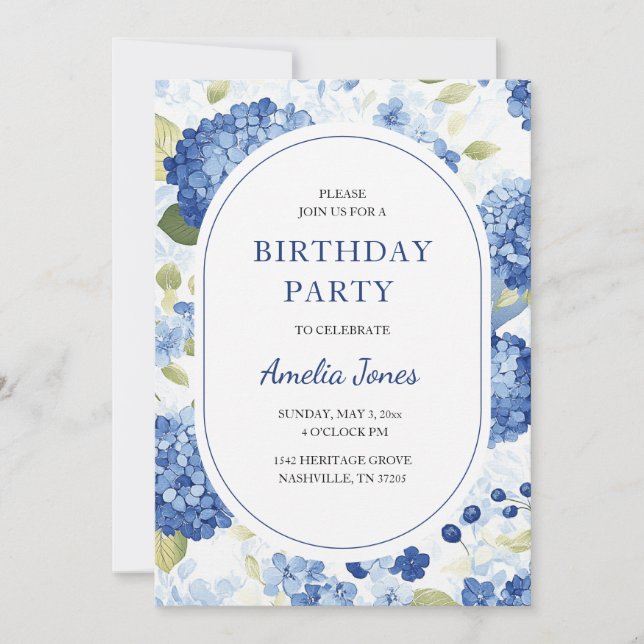 Invitación de cumpleaños para jardín de Hortensias (Anverso)