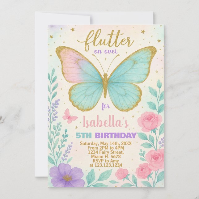Invitación de cumpleaños para jardín de mariposas (Anverso)