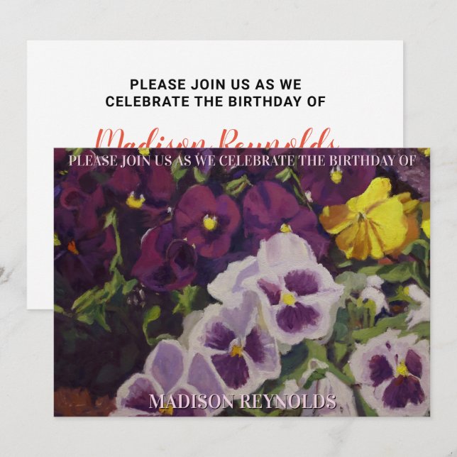 Invitación de cumpleaños para jardín de pensamient (Anverso / Reverso)