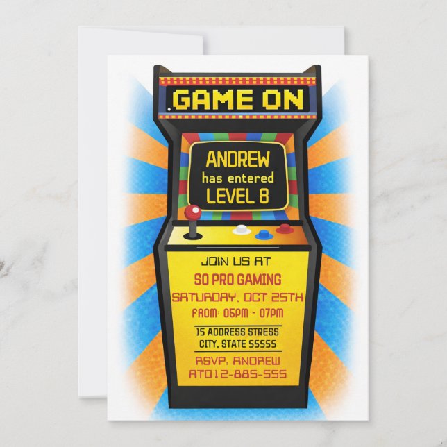 Invitación de cumpleaños para juego de arcade pers (Anverso)