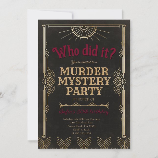 Invitación de cumpleaños para juego de misterio de (Anverso)