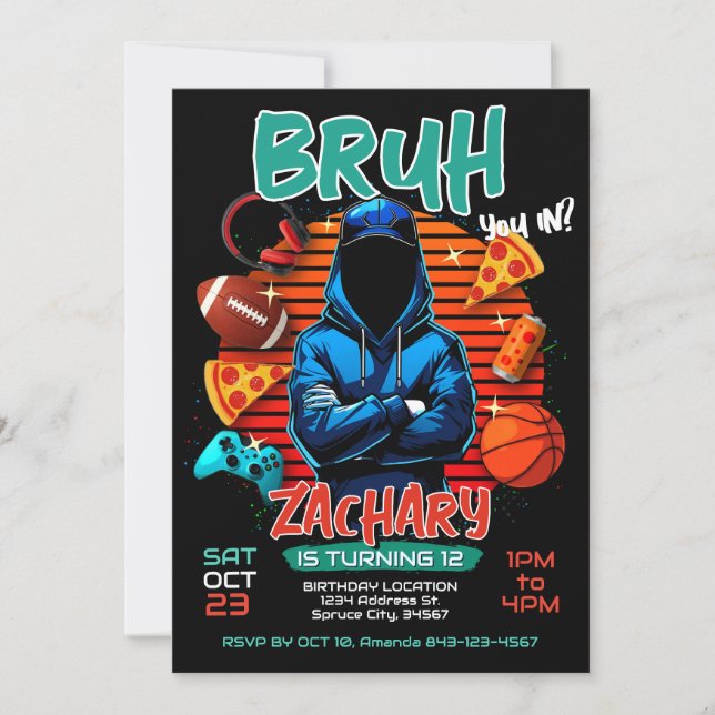 Invitación de cumpleaños para juegos de Bruh (Anverso)