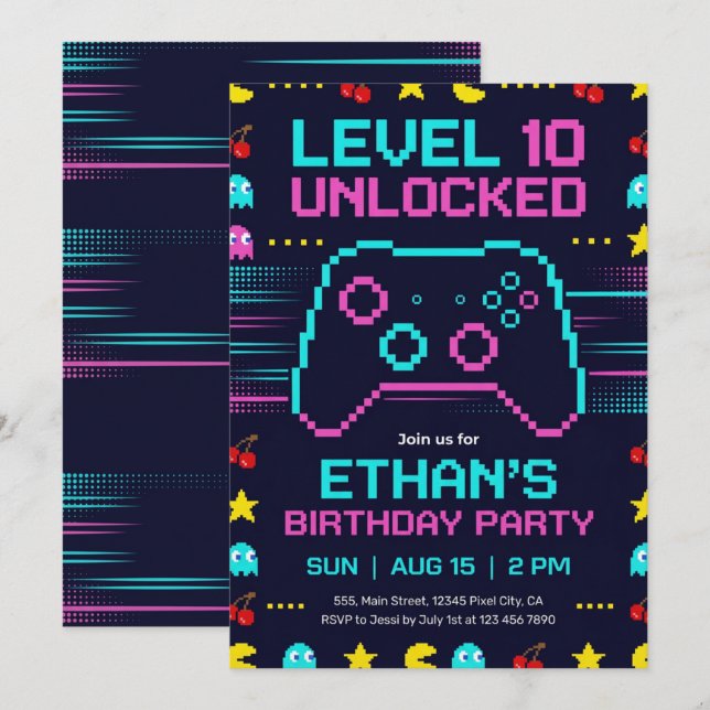 Invitación de cumpleaños para jugador - Fiesta de  (Anverso / Reverso)