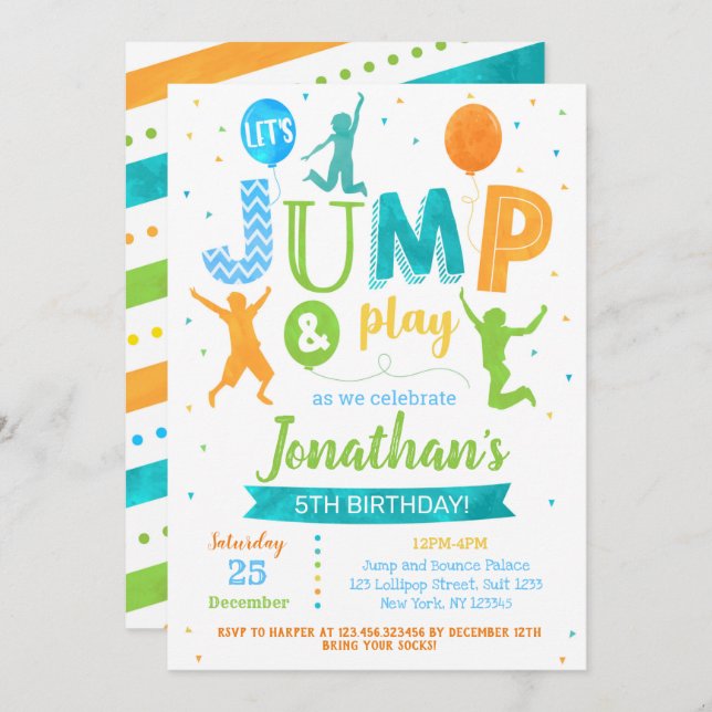 Invitación de cumpleaños para Jump Bounce Trampoli (Anverso / Reverso)
