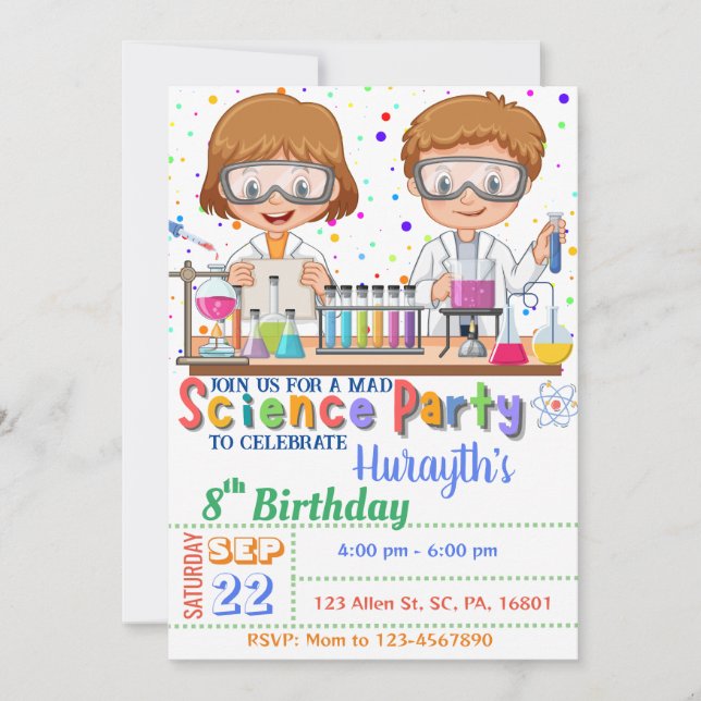 Invitación de cumpleaños para la ciencia loca a lo (Anverso)