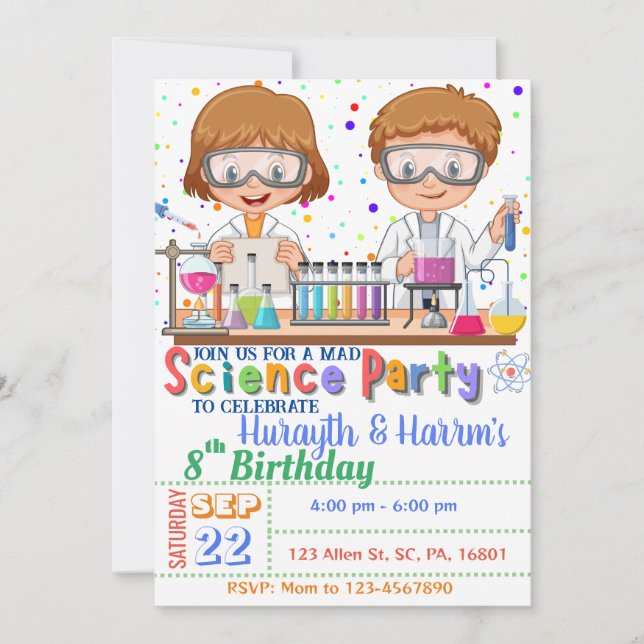 Invitación de cumpleaños para la ciencia loca a lo (Anverso)