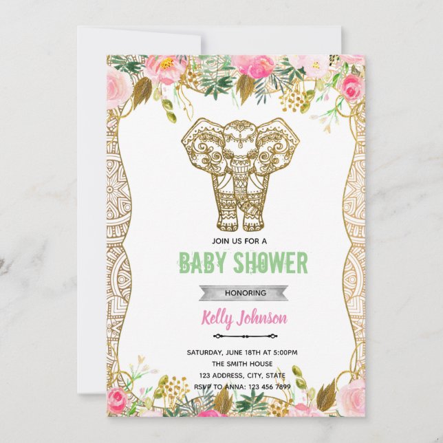 Invitación de cumpleaños para la ducha de elefante (Anverso)