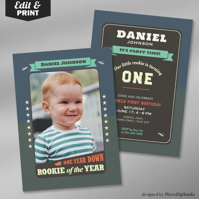 Invitación de cumpleaños para la fiesta de cumplea (Editable Rookie of the Year 1st Birthday Party Invitation trading Card)