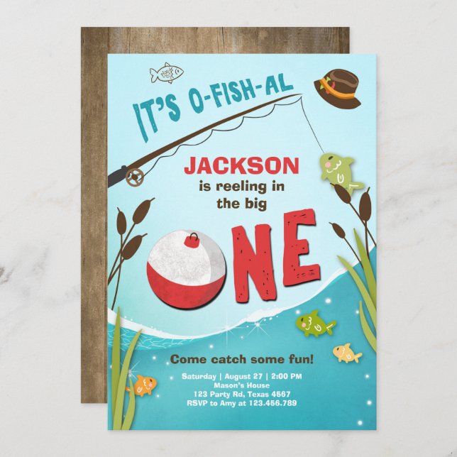 Invitación de cumpleaños para la pesca con peces a (Anverso / Reverso)